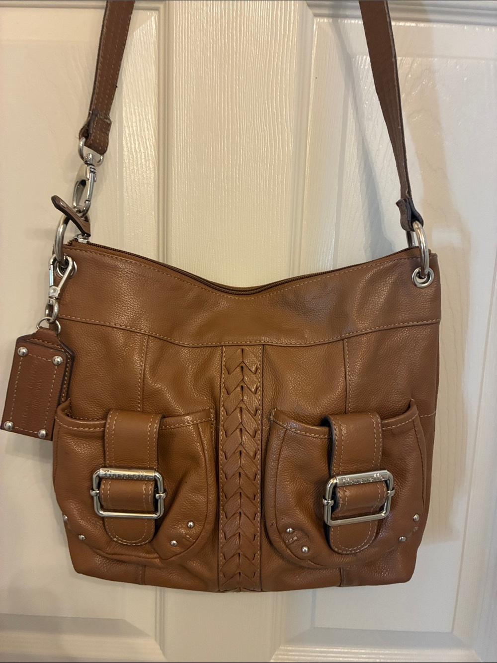 Tignanello Tan Leather Shoulder Bag with Buckle‎ Pockets